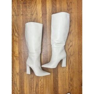 Steve Madden Padmy Leather Cream Ivory Knee-High Block Heel Boots, Size 9.5